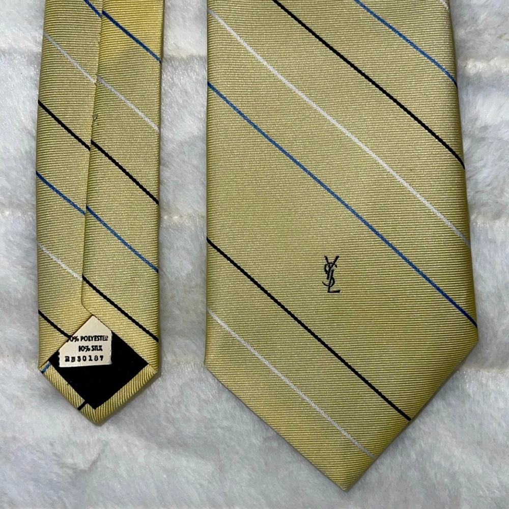 YVES SAINT LAURENT vintage tie. Yellow with blue, black, and white stripes.